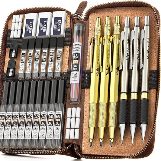 Nicpro 30PCS Art Mechanical Pencils Set in Leather Case, Gold Metal Drafting Pencil 0.5, 0.7, 0.9 mm, 2mm Lead Pencil Holder for Sketching Drawing With 16 Tube (6b 4B 2B HB 2H 4H Colors) Lead Refill-DeskLoop Office