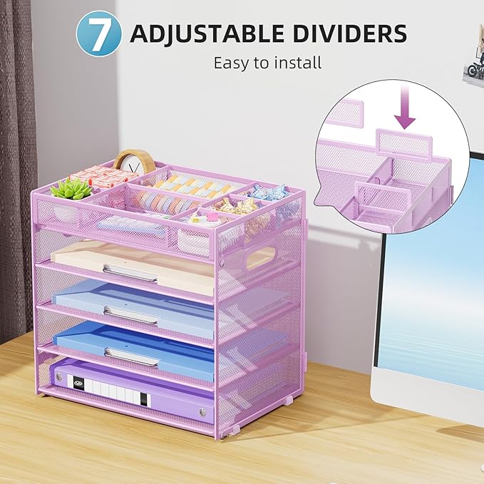 Marbrasse 5-Tier Letter Tray Paper Organizer with Handle, Multi-Functional Mesh File Organizer for Desk, Adjustable Compartments Mesh Desktop Storage for Office Supplies, Purple-DeskLoop Office
