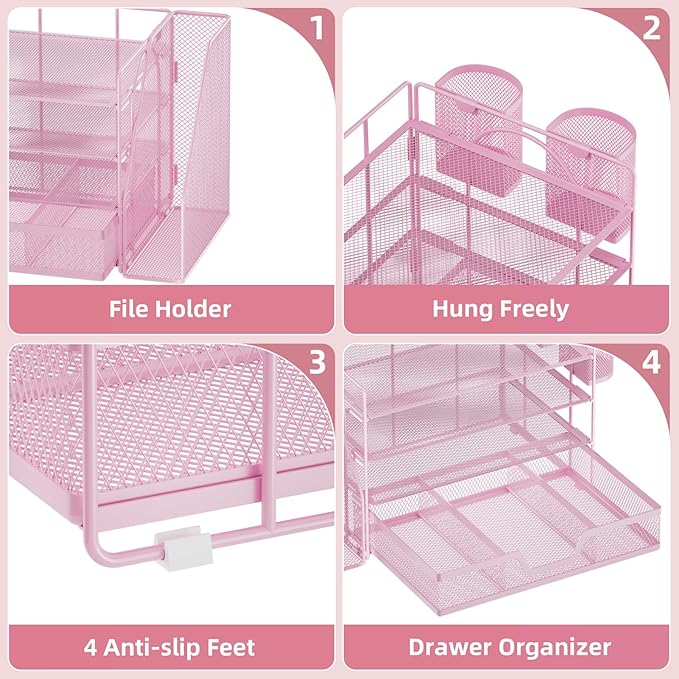 Marbrasse Desk Organizer and Accessories,4-Tier Paper Letter Tray Organizer with File Holder, Workspace Desk Organizers Accessories with Drawer and 2 Pen Holder (Pink, 15.4" x 9.1" x 8.3")-DeskLoop Office