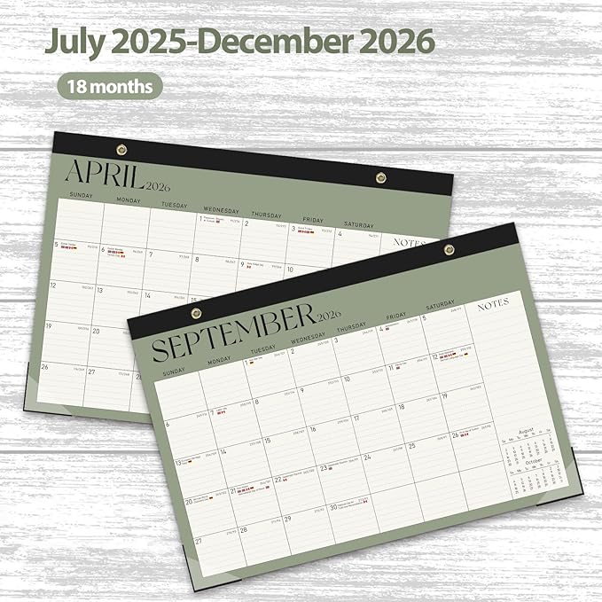 Calendar 2025-2026, Monthly Desktop Large Calendar (July 2025 - December 2026) Desk Wall Planner for Family Office Teacher School, 17" x 12" Green-DeskLoop Office