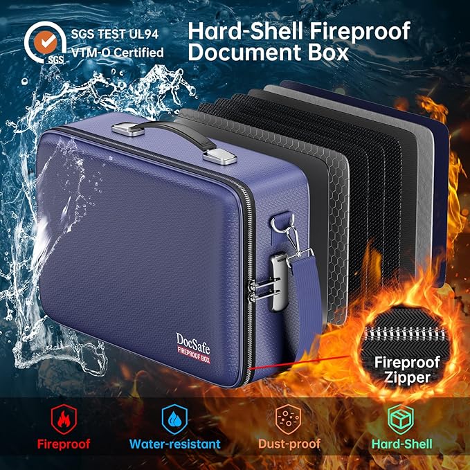 DocSafe Fireproof Document Box with Lock&Shoulder Strap,Hard Case File Organizer with Accordion File Folder,Multi-Layer Portable Home Office Travel Safe Storage for Important Documents Laptop Blue-DeskLoop Office