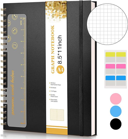 Graph Paper Notebook, Spiral Notebook Journal 8.5” x 11”, A4 Large Grid Notebooks for Women Men, 100 GSM Graph Paper, Plastic Hardcover Spiral Graphing Journals for Work School Engineerin, Black-DeskLoop Office