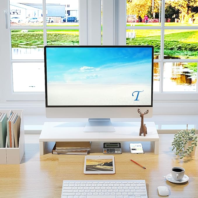 TEAMIX 20 inch White Monitor Stand Riser, Wood Desktop Stand for PC/TV/Laptop/Printer, White Monitor Riser with Storage, Computer Stand with Keyboard Organizer-DeskLoop Office