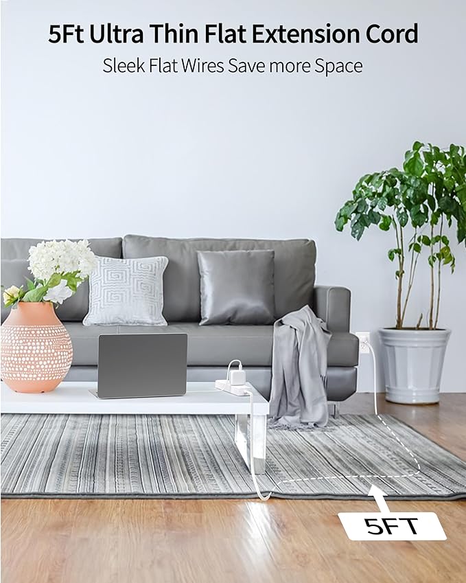 Power Strip Surge Protector with 5 AC Outlets(1875W/15A) 4 USB Ports (2 USB C), 5 Ft Ultra Thin Extension Cord, Low Profile Flat Plug, 1700 Joules, Wall Mount for Home Office, White-DeskLoop Office