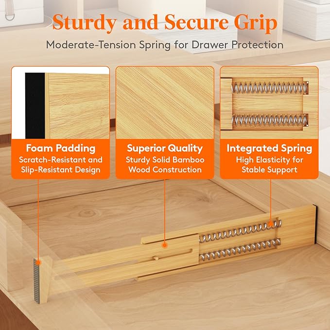 Lifewit 4 Pack Drawer Dividers Bamboo 2.4" High, 12-17" Adjustable Drawer Organizers for Clothes, Wooden Dresser Separators in Bedroom/Bathroom/Kitchen/Fridge/Office Organization and Storage-DeskLoop Office