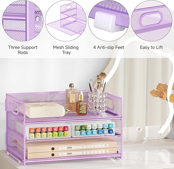 Subekyu 3 Tier Letter Tray Paper Organizer with Handle and 1 PC Sliding Tray, Purple Metal Mesh Desk File Folder Paper Sorter Organizer for Home Office School Desk Supplies Organization Storage-DeskLoop Office