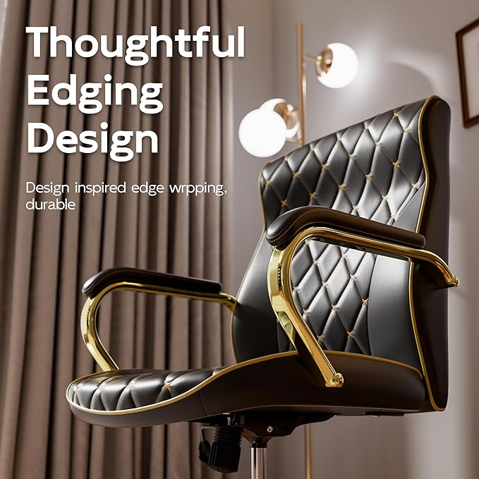 Black and Gold Office Chair with Soft Leather Embroidery, Mid Back Vintage Swivel Executive Desk Chair with Wheels and Padded Arms, Adjustable Height-DeskLoop Office