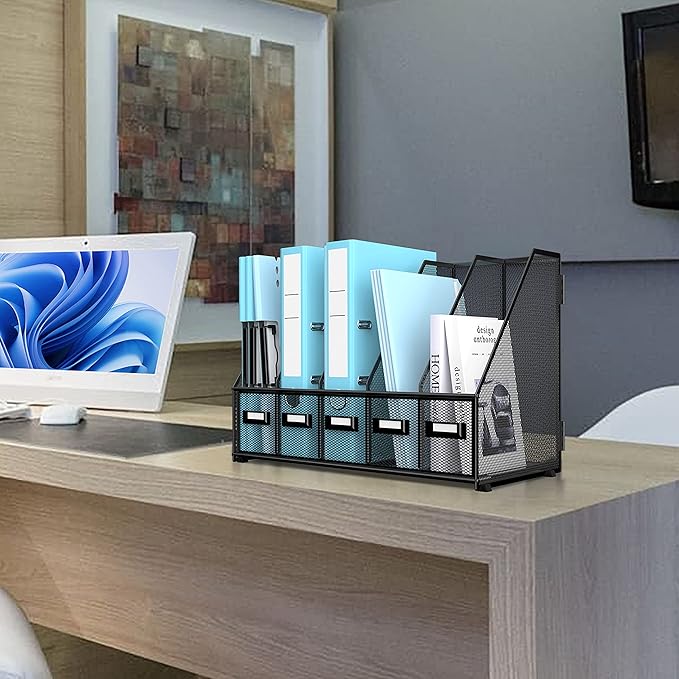 SUPEASY Desk Organizers Metal Desk Magazine File Holder with 16''x12''x12'' 5 Vertical Compartments Rack File Organizer for Office Desktop, Home Workspace, Black Plus-DeskLoop Office