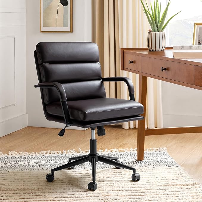 HULALA HOME Modern Faux Leather Home Office Chair with Tilt Lock & Metal Base, Desk Chair with Wheels & Padded Cushion, 360° Swivel Wide Seat Computer Task Chair, Brown-DeskLoop Office