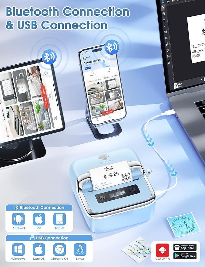 Phomemo M250 Label Maker, 3" Thermal Barcode & Address Printer - Portable Label Maker for Business, Home & Logos, Sticker Printer Compatible with Phones & PCs, with 100 Labels, 40x30mm-DeskLoop Office