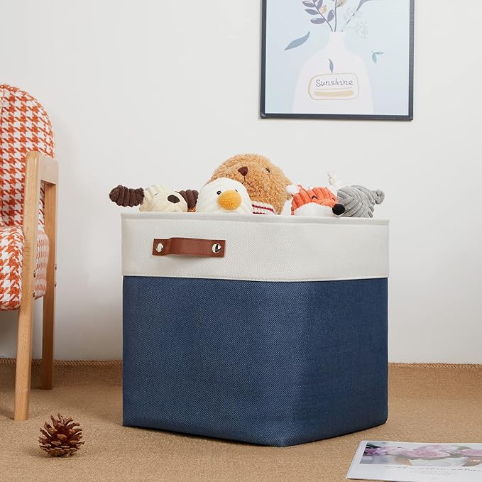 DULLEMELO Storage Baskets for Shelves Closet Storage,Large Home Organization Bins for Gifts Empty,Foldable Fabric Storage Cubes Baskets for Nursery Toy Towels Clothes Storage(White&Blue)-DeskLoop Office
