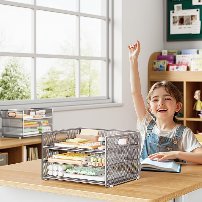 Subekyu 2-Pack 3-Tier Silver Metal Mesh Desk Paper Letter Tray & File Sorter Organizer with Handle + 1 Sliding Tray for Desk, Home, Office, School Supplies, A4 Paper and Accessories Storage-DeskLoop Office