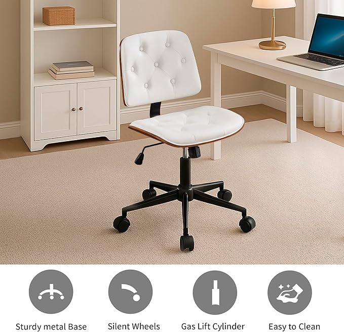 Small Home Office Chair – Adjustable Height, Armless PU Leather Mid-Back Desk Chair with Swivel Wheels, Walnut Finish, Perfect for Study or Bedroom, White-DeskLoop Office