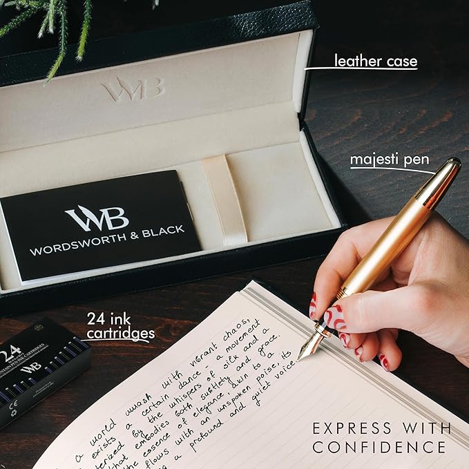 Wordsworth & Black Majesti Fountain Pen-(Gold), Luxury Case, 24K Gold Finish; 18K Gilded Medium Nib- Ink Cartridges, Refillable Ink Converter-Calligraphy Pen-Best Business Gift Set for Men & Women-DeskLoop Office