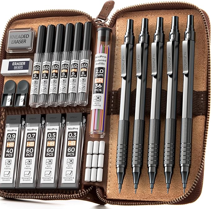 Nicpro 20PCS Black Metal Mechanical Pencil Set in Leather Case, Drafting Pencil 0.3, 0.5, 0.7, 0.9 mm & 2mm Lead Holders, 9 Tube (4B 2B HB 2H Colors) Lead Refills, Erasers For Art Sketching Drawing-DeskLoop Office