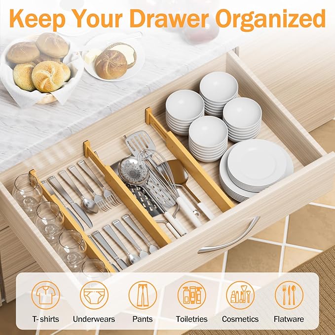 BAMBUROBA Bamboo Drawer Dividers, Adjustable Organizer for Kitchen & Bedroom, Expandable 17-22" Drawer Separators, 4-Pack-DeskLoop Office