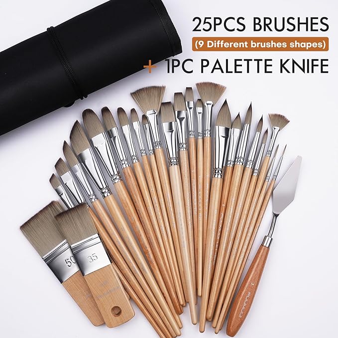 Fuumuui 26pcs Paint Brushes, Professional Acrylic Paint Brush Set Artists Complete Range of Sizes with Upgraded Short Handle Wide Flat & Palette Knife for Acrylic, Oil, Watercolor, Gouache-DeskLoop Office