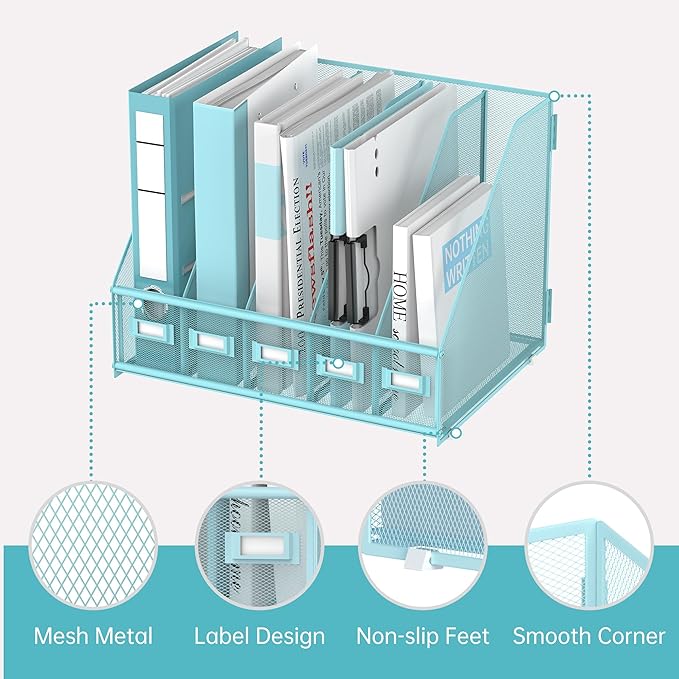 SUPEASY Desk Organizers Metal Desk Magazine File Holder with 5 Vertical Compartments Rack File Organizer for Office Desktop, Home Workspace, Blue Plus-DeskLoop Office