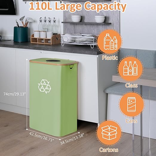 29 Gallons Recycling Bins for Kitchen, Indoor Recycle Bins with Lid, 110L Large Recycle bin with 2 Removeable Reusable Inner Bags, for Bottles Cans Glass Plastice Cartons(Green)-DeskLoop Office
