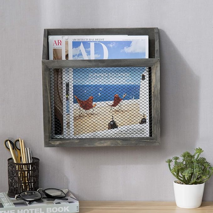 MyGift Rustic Magazine Holder Vintage Gray Wood and Chicken Wire Design Wall Mounted/Tabletop Mail Sorter, Farmhouse Home, Bathroom, Office Magazine Rack-DeskLoop Office