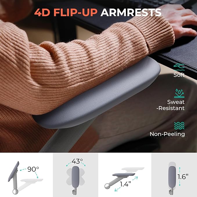 CAPOT Ergonomic Mesh Office Chair, Adjustable Lumbar High Back Desk Chair 400lbs, 4D Flip-up Arms, 3 Tilt Backrest, 3D Headrest, PU Wheels, Swivel Rolling Computer Seating for Long Desk Work - Grey-DeskLoop Office