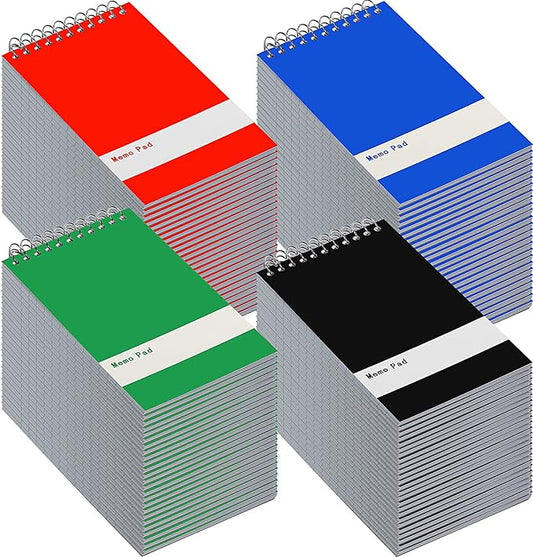 Thenshop 100 Pads Spiral Memo Bulk 3'' x 5'' Top Bound Memo Book 60 Sheets Small Mini Notebooks Lined Wire Bound Pocket Steno Book for Home, Office, School (Black,Green,Dark Blue,Red)-DeskLoop Office