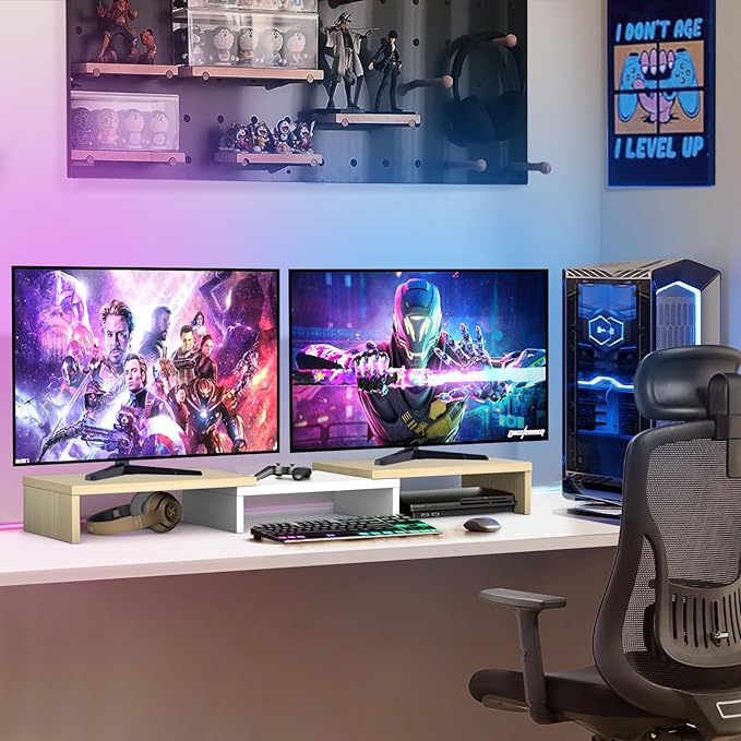 TAVR Dual Monitor Stand Riser, Computer Monitor Stands for 2 Monitors, Extra Long Multifunctional Desktop Organizer Riser for Computer, Laptop, PC, Printer, TV, Max 48.2" Length, Oak-DeskLoop Office