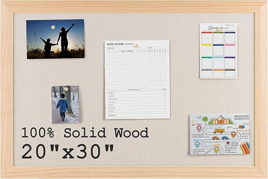 Bulletin Board Cork Board with Linen, 100% Wood Framed 30" x 20" Bulletin Board Decorations, Pin Boards for Walls, Wall Mounted Fabric Picture Board with 10 Pushpins for School, Home & Office, Natural-DeskLoop Office