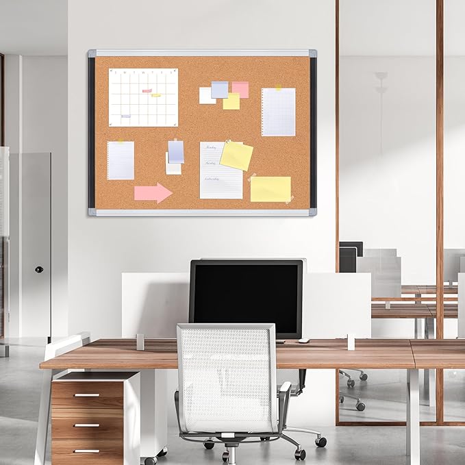 Board2by Cork Board Bulletin Board 24" x 18", Black/Sliver Aluminium Framed Corkboard, Office Board for Wall Decor, Large Wall Mounted Notice Pin Board with 18 Push Pins for School, Home & Office-DeskLoop Office