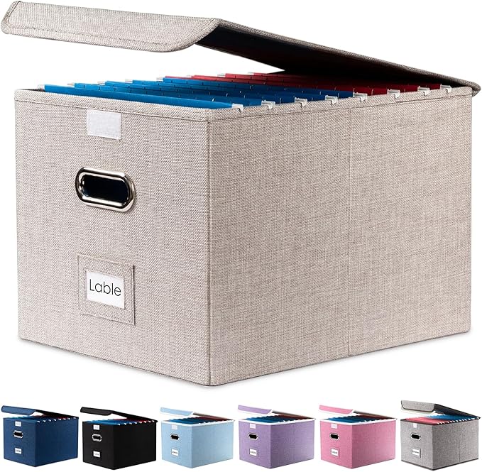 PRANDOM File Organizer Box - Set of 1 Collapsible Decorative Linen Filing Storage Hanging File Folders with Lids Office Cabinet Letter Size Light Grey (15x12.2x10.75 inch)-DeskLoop Office