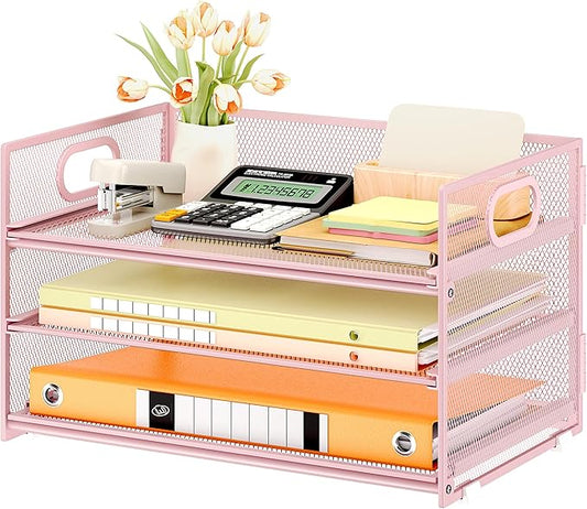 Subekyu 3 Tier Paper Letter Tray Organizer for Desk, Pink Metal Mesh File Folder Sorter Organizer with Handle and 1 PC Sliding Tray for Home Office School Desk Supplies Organization Storage-DeskLoop Office