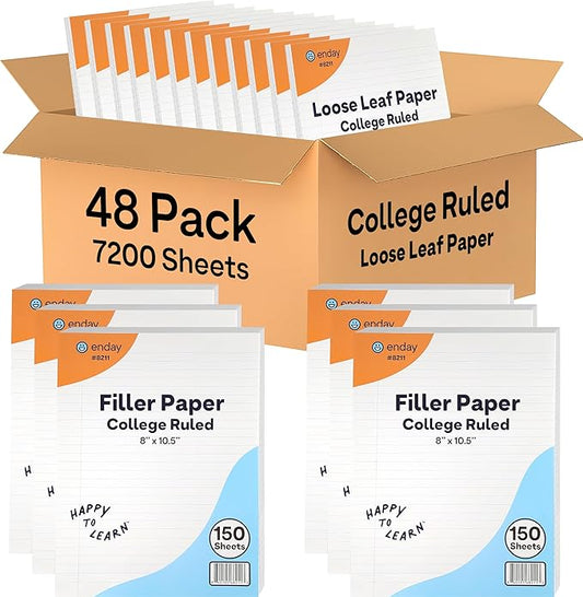 Loose Leaf Paper Bulk, 7200 Sheets, College Ruled, (48 Pack) 150 Sheets Per Pack, 8" x 10.5" White Filler Paper, 3 Hole Punched Binder Paper for 3 Ring Binders, Notebook Paper - By Enday-DeskLoop Office