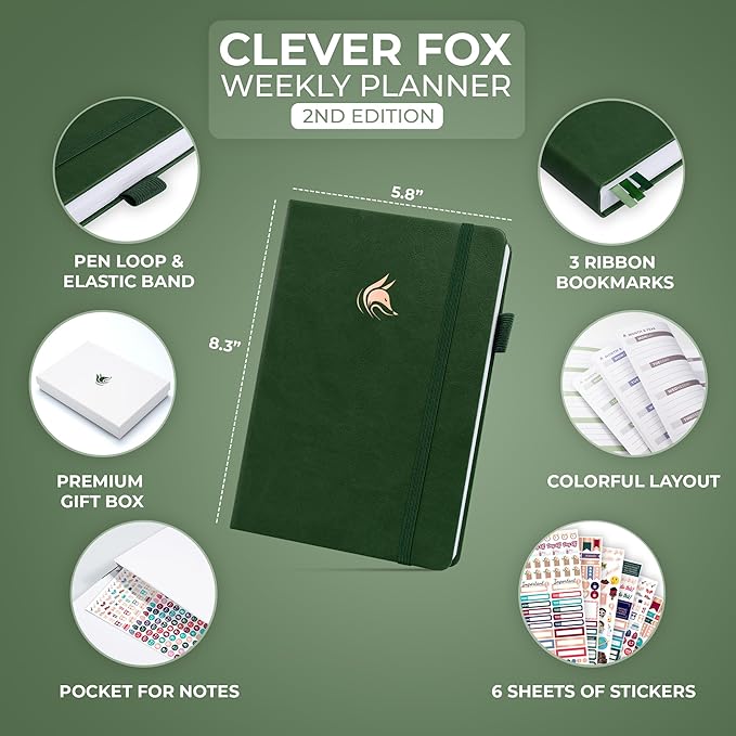 Clever Fox Planner 2nd Edition – Colorful Weekly & Monthly Goal Planner, Time Management & Productivity Organizer, Undated, A5 (Forest Green)-DeskLoop Office