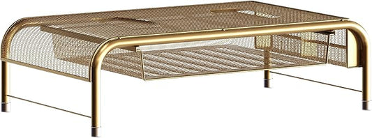 Martha Stewart Ryder Gold Mesh Metal Desktop Monitor Stand Riser with Organizer Drawer and Side Storage, 12.5 x 22.25 x 6.5 inches-DeskLoop Office