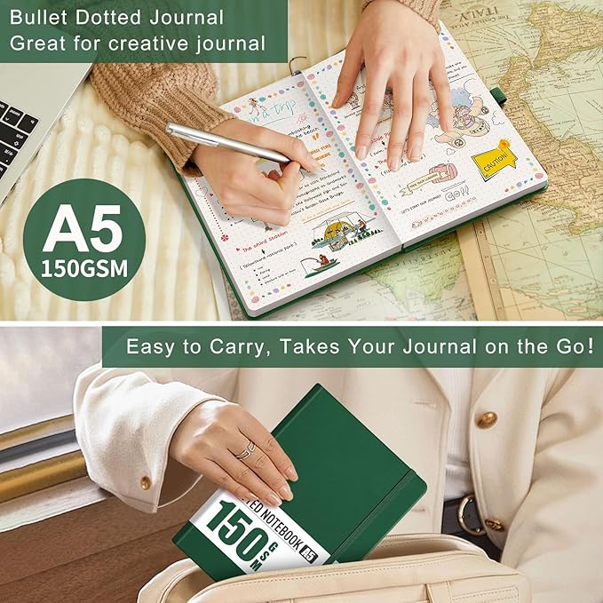 AHGXG Bullet Dotted Journal - 150 GSM Dot Grid Notebook Journal, Thick Acid-Free Paper, A5 Dotted Notebook 128 Pages, Leather Hardcover, Inner Pocket, Journal Stencil, 5.7'' × 8.3'' - Green-DeskLoop Office