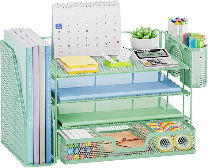 Marbrasse Desk Organizer and Accessories,4-Tier Paper Letter Tray Organizer with File Holder, Desk Accessories & Workspace Organizers with Drawer and 2 Pen Holder (Green, 15.4" x 9.1" x 8.3")-DeskLoop Office