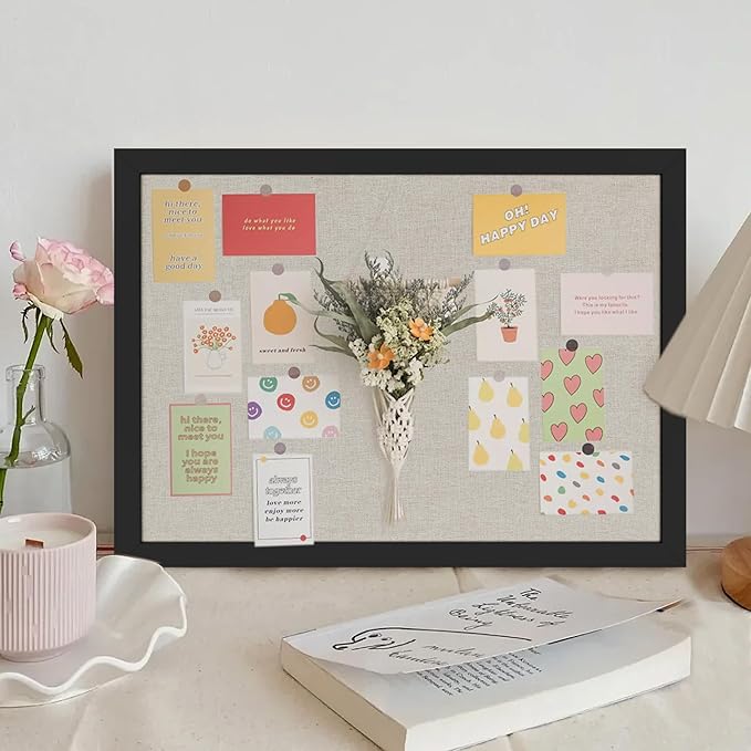 Cork Board Bulletin Board 16.7" x 11", Small Linen Corkboards with Frame for Walls, Cute Picture Display Pin Board Vision Board for Room School Office Bedroom 8 Pushpins Vintage Black-DeskLoop Office