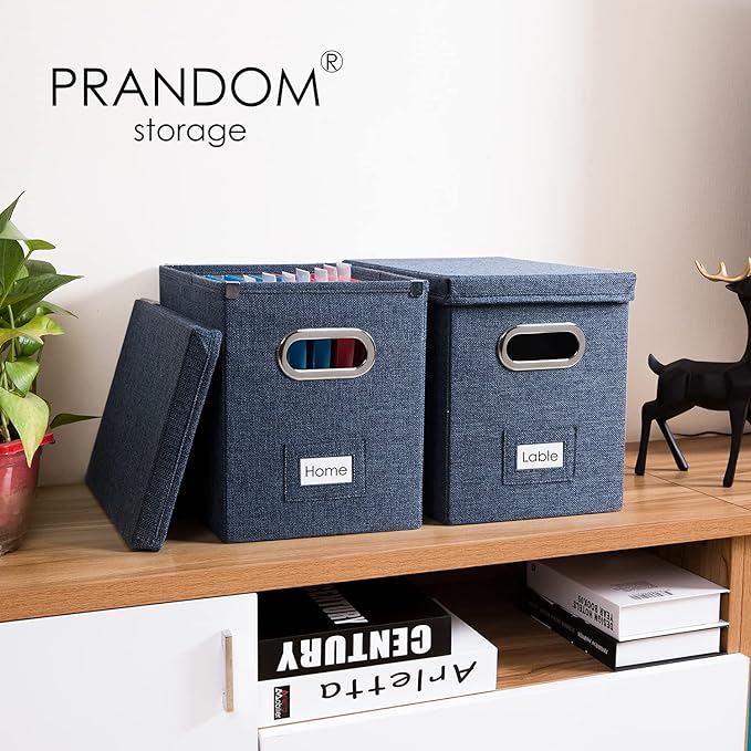 PRANDOM File Organizer Box - Set of 2 Collapsible Decorative Linen Filing Storage Hanging File Folders with Lids Office Cabinet Letter Size Navy Blue (14x9.3x10.8 inch)-DeskLoop Office