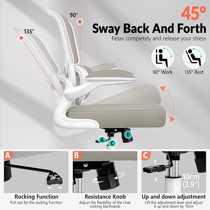 Home Office Desk Chair, Ergonomic Office Chair with Lumbar Support and Adjustable Armrests, Rocking Office Chair, Breathable Mesh Mid Back Computer Chair, Modern Comfy Desk Chair-DeskLoop Office