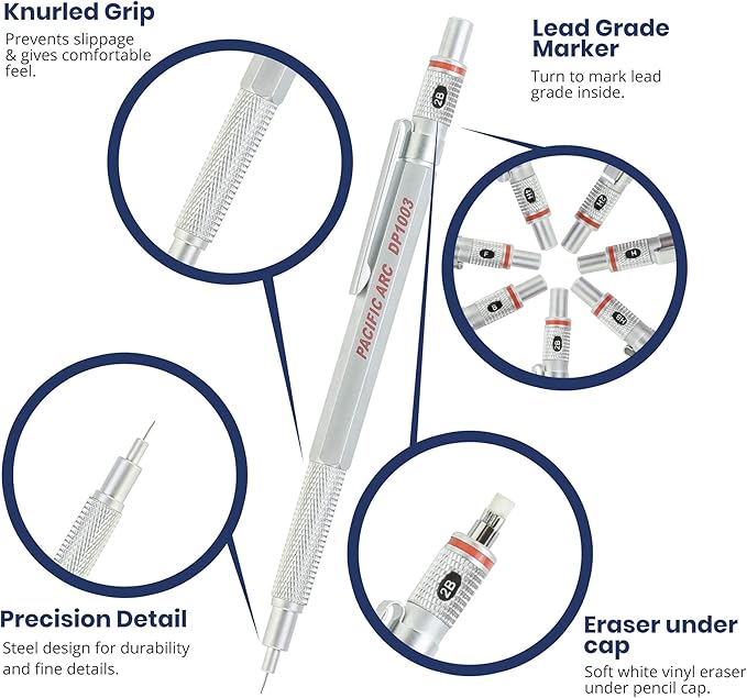 Pacific Arc Chromagraph Metal Mechanical Pencil .3 mm Silver Barrel Mechanical Pencil with Built In Lead Pencil Grade Indicator, Lead Pencil Holder for Drafting, Sketching, and Drawing-DeskLoop Office