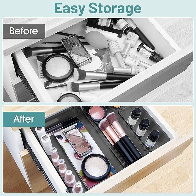 WOWBOX 25 PCS Plastic Drawer Organizer Set, Desk Drawer Divider Organizers and Storage Bins for Makeup, Jewelry, Gadgets for Kitchen, Bedroom, Bathroom, Office, Black-DeskLoop Office