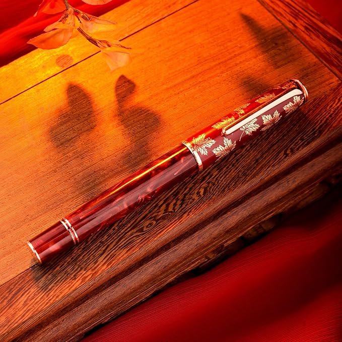 Hongdian N8 Red Acrylic Fountain Pen, Long Blade Fine Nib Rose Gold Trim Maple Leaves Carving Cap, Smooth Writing Pen with Converter and Metal Pen Box Set-DeskLoop Office