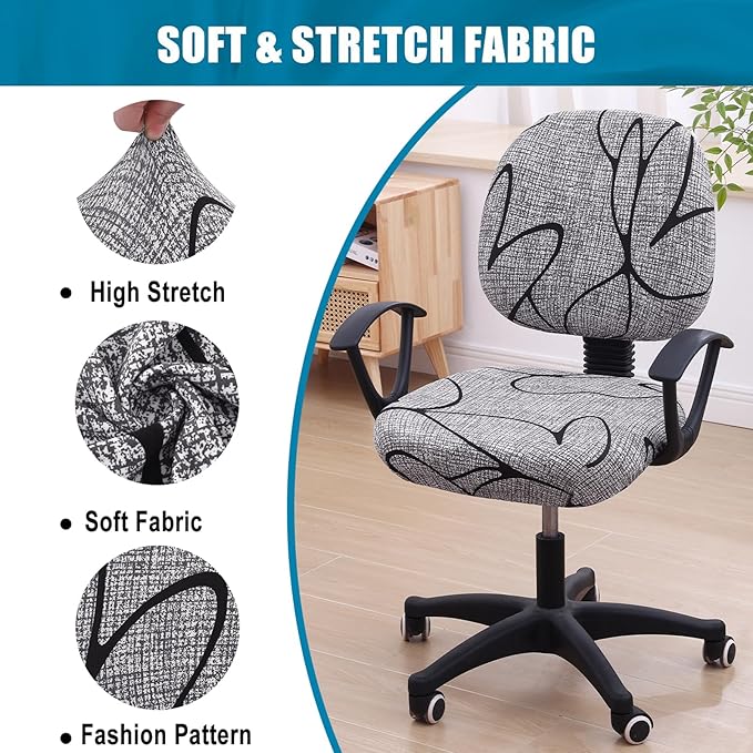 Smiry Stretch Printed Office Computer Chair Covers, Universal Washable Removable Desk Rotating Chair Slipcovers Protector, Seat + Backrest Cover - Grey and Black-DeskLoop Office