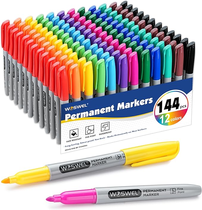 Permanent Markers Bulk, 144 Pack Permanent Marker Set, 12 Assorted Colors, Fine Point Tip, Fast Dry, Waterproof, work on Plastic, Glass, Metal, Wood and Stone, Perfect for School, Office, Home-DeskLoop Office