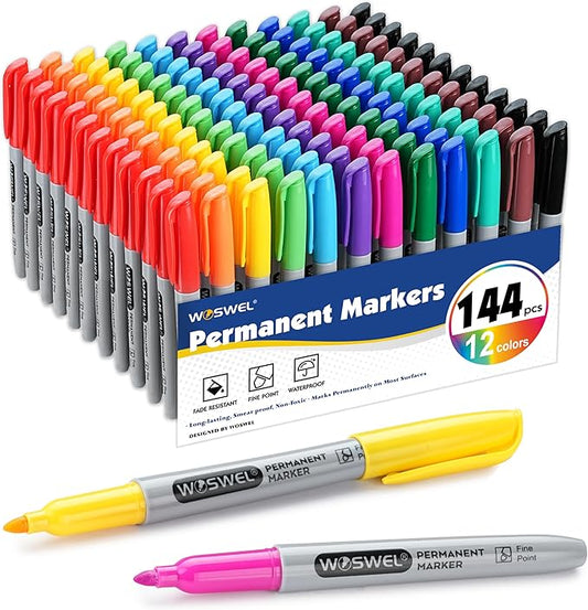 Permanent Markers Bulk, 144 Pack Permanent Marker Set, 12 Assorted Colors, Fine Point Tip, Fast Dry, Waterproof, work on Plastic, Glass, Metal, Wood and Stone, Perfect for School, Office, Home-DeskLoop Office