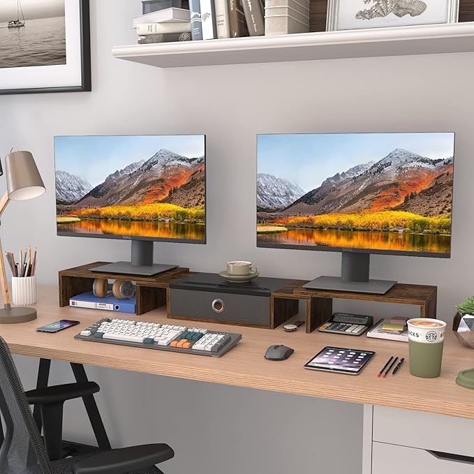 WESTREE Triple Dual Monitor Stand Riser with Drawer,Extra Large Adjustable for 2~3 Monitors,Solt for Phone & Tablet, Desktop Organizer Stand for Computer,Laptop,Printer,TV-DeskLoop Office