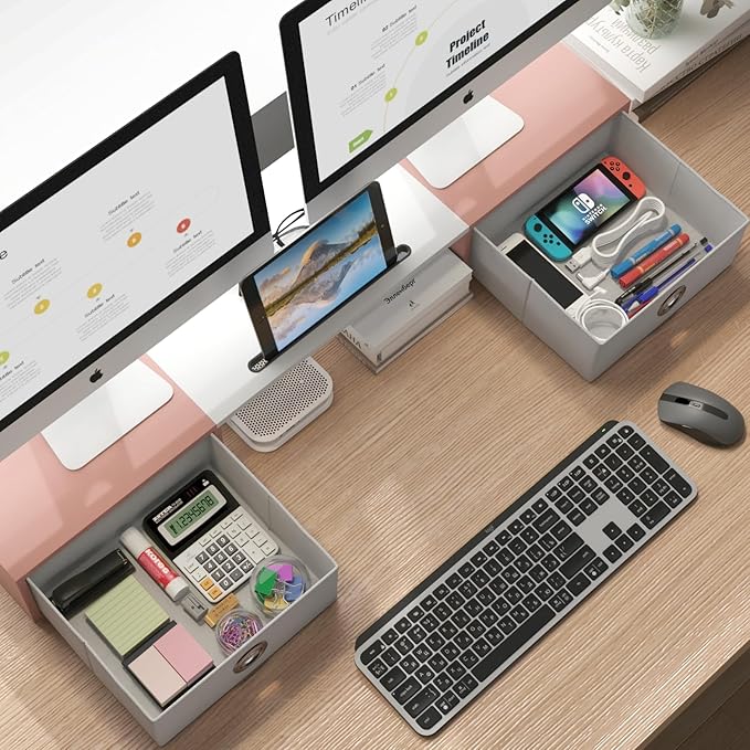 WESTREE Dual Monitor Stand Riser with Two Drawers, Extra Large Storage Monitor Stand for 2 Monitors, Desktop Oraganizer Stand for Computer,Laptop,Screen,Printer,TV-DeskLoop Office