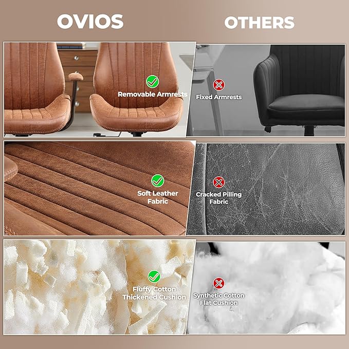 ovios Ergonomic Home Office Chair, Mid-Century Modern Faux Leather Chairs with Padded Armrests, Comfy High Back Swivel Rolling Executive Computer Armchair (Brown, Suede Leather)-DeskLoop Office