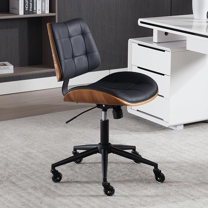 Home Office Desk Chair with Wheels, Adjustable Height Armless Office Chair, PU Leather Mid Back 360° Small Computer Chair, Modern Walnut Chair No Arms for Office, Reading Meeting Room(Black)-DeskLoop Office