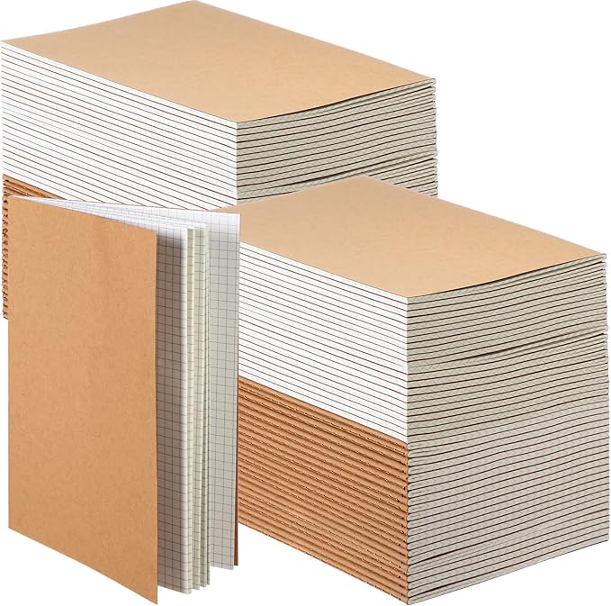 100 Pcs Kraft Notebook Journals 5.5 Inch x 8.3 Inch A5 Journal Softcover Notebooks Bulk for Kids Student Writing Sketch Office Notepad with 60 Pages 33 Sheets (Brown, Grid)-DeskLoop Office